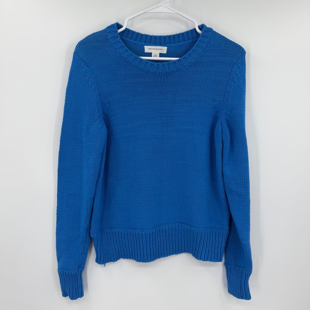 Treasure & Bond Blue Crewneck Sweater Long Sleeve Ribbed Knit Cotton Blend Small